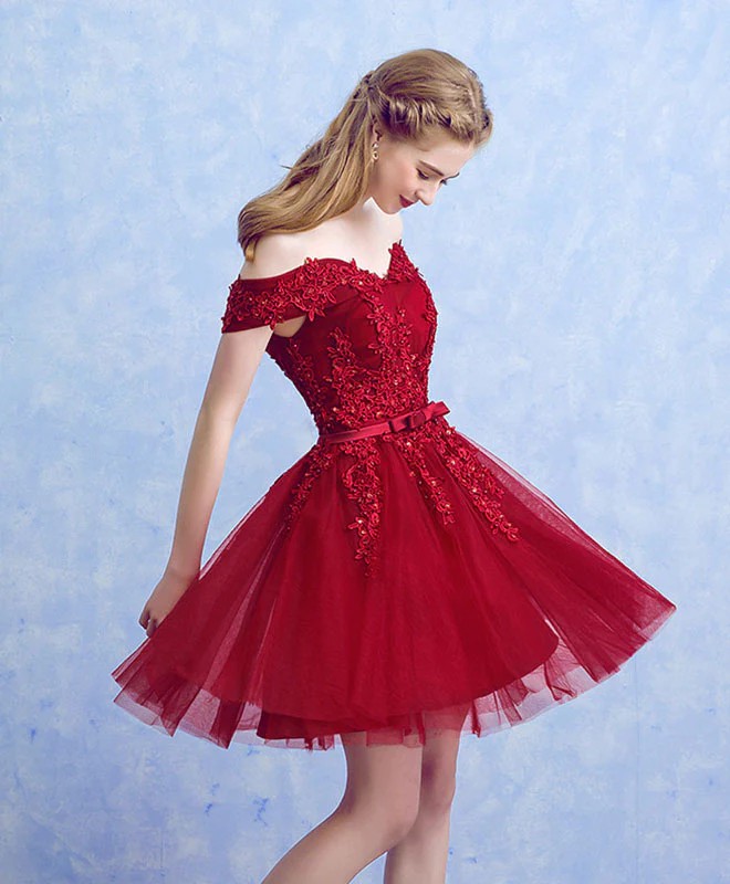 Wine Red Color Tulle with Lace Applique Party Dresses, Dark Red Color Homecoming Dresses